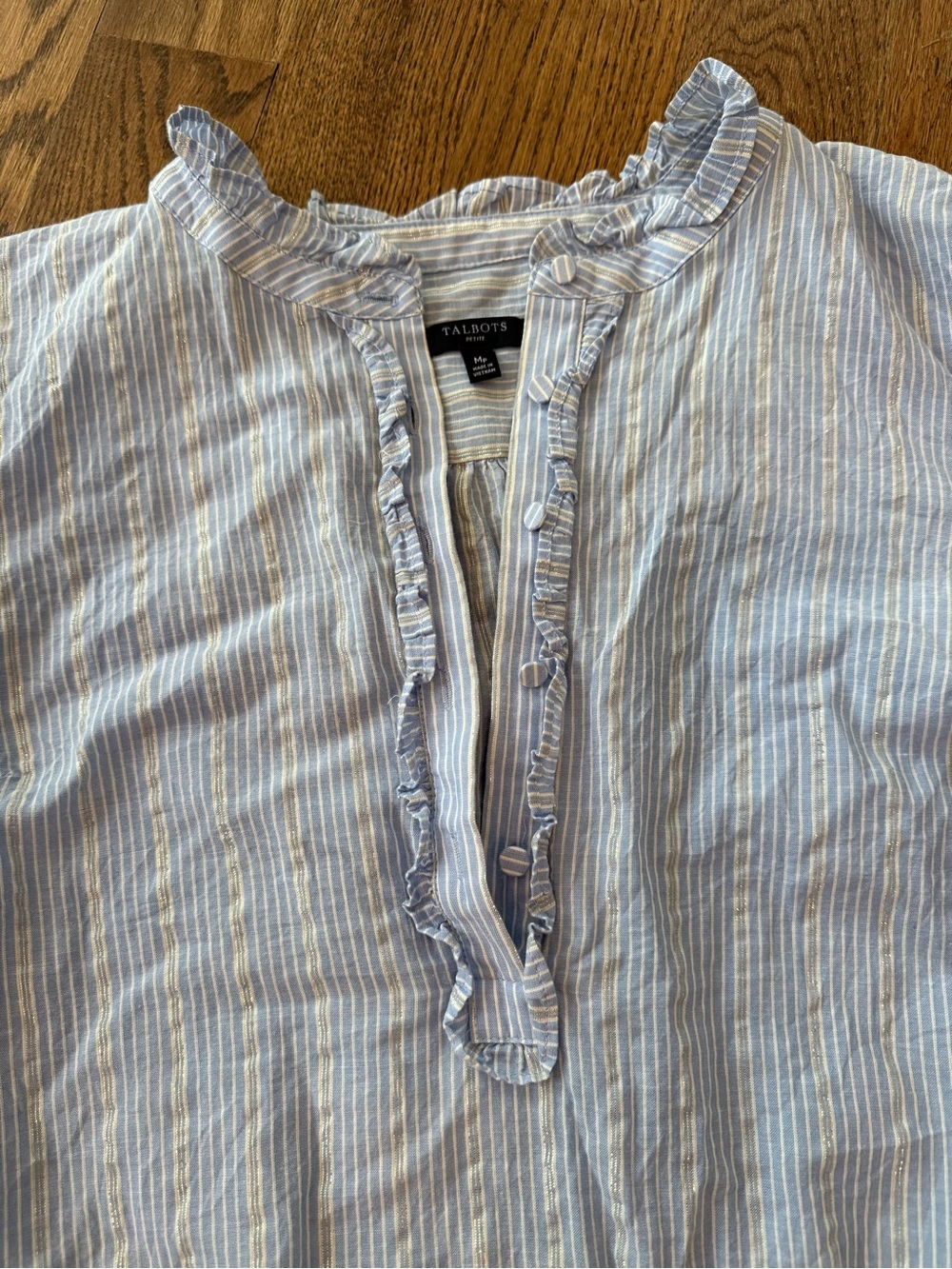 Talbots FOREST STRIPE RUFFLE POPOVER Light Blue Striped Ruffle Top MP medium - Picture 3 of 6